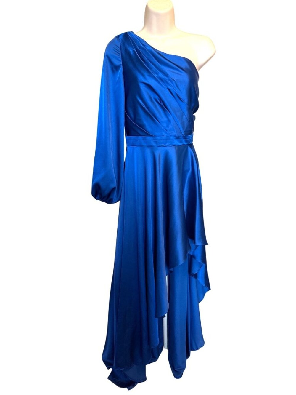 Mac Duggal One Shoulder Satin Midi Dress Sz 10 Cobalt Blue Asymmetrical Formal
